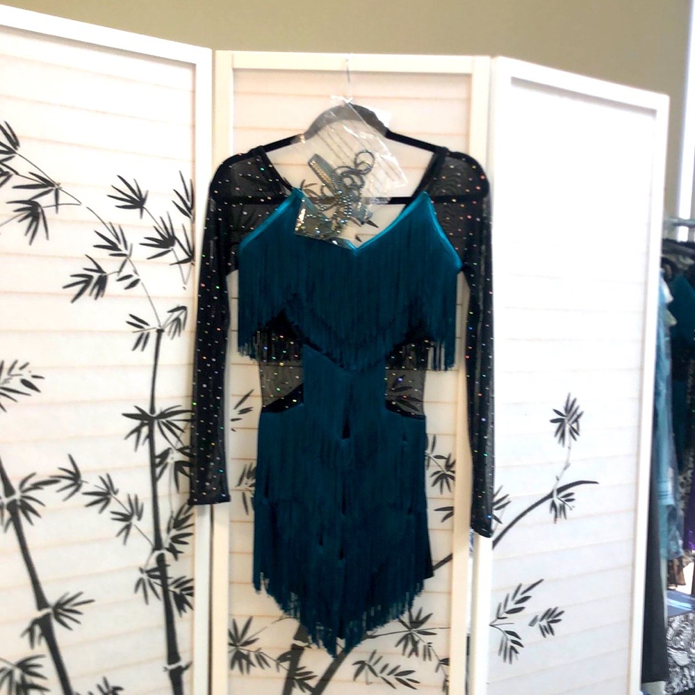 Dance teal color Dress, w/fringes, sheer sleeves w/sequins.